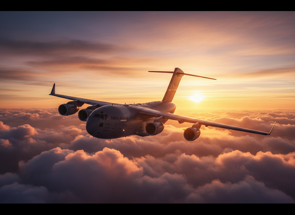 Cargo plane in flight over clouds with branded blue overlay